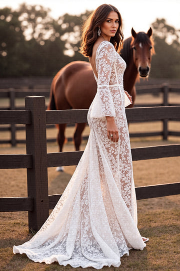 Mermaid White Lace Long Sleeve Wedding Dress with Slit